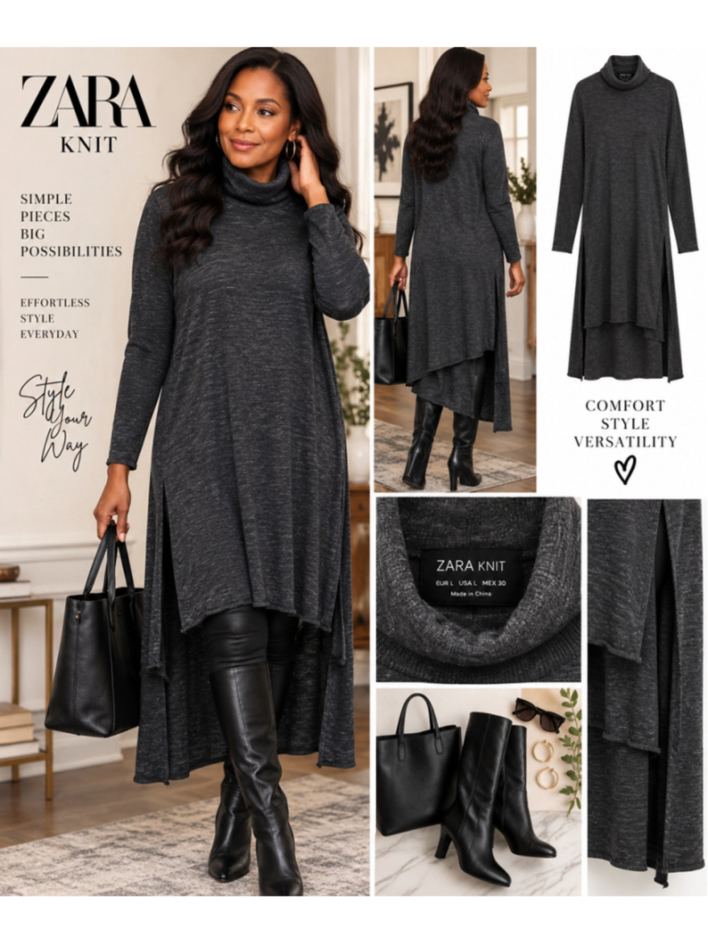 Zara Knit Turtleneck High Low Midi Top Charcoal Gray L